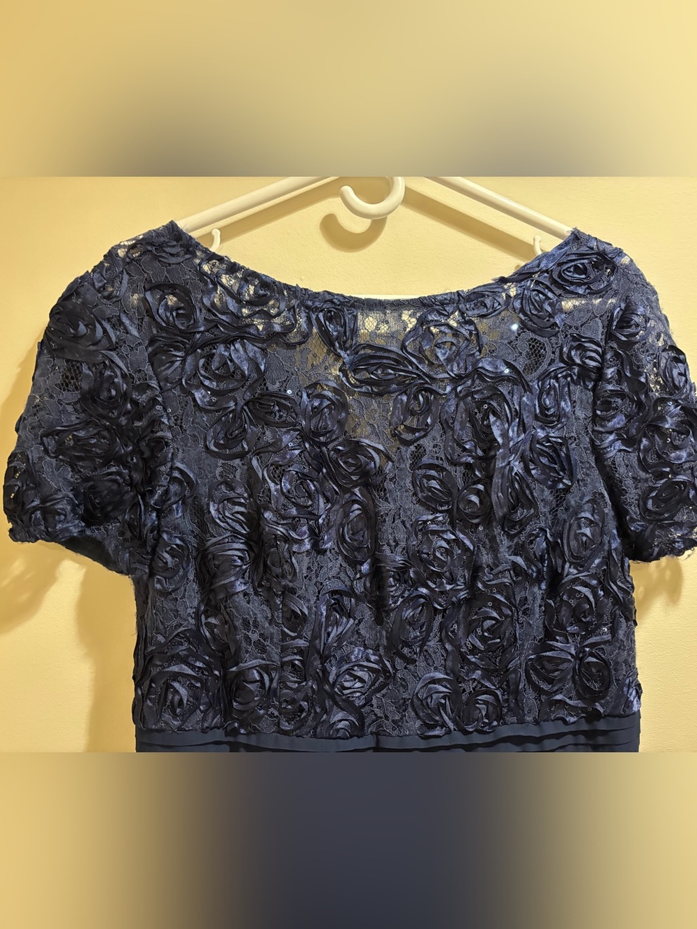 Oleg Cassini Navy Rosette Lace Overlay Top with Scoop Neck